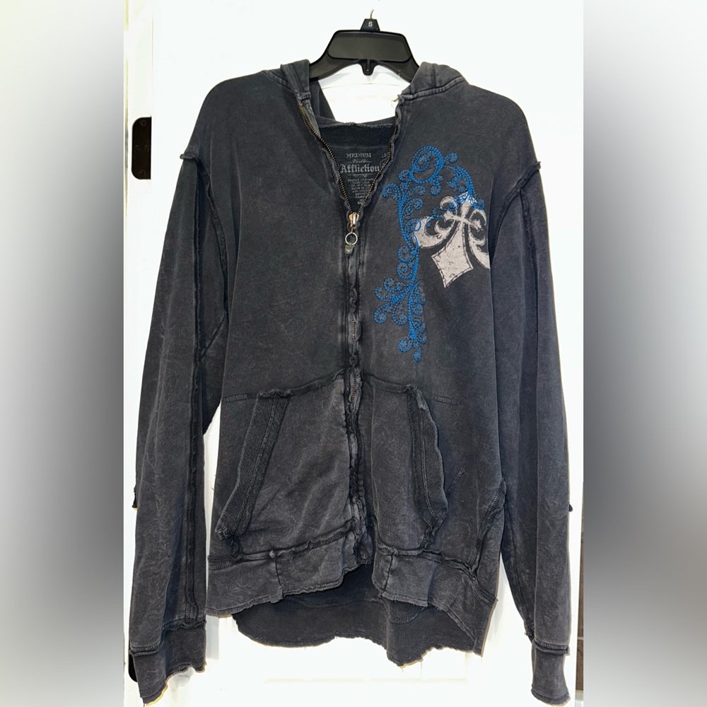 Affliction Hoodie Men medium Black Blue Spell Out Skull Top Hat Hooded Full Zip
